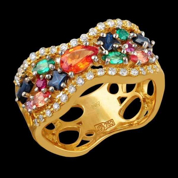 Кольцо в желтом золоте с рубином сапфиром и бриллиантами